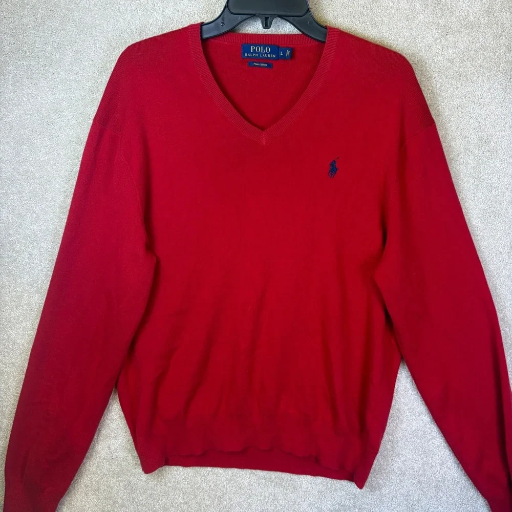 Polo Ralph Lauren V-Neck Sweater Mens Large Red Pima Cotton Pony Logo READ
